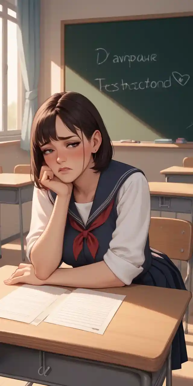 Schoolgirl Sitting On Teacher Desk In Front Of Blackboard