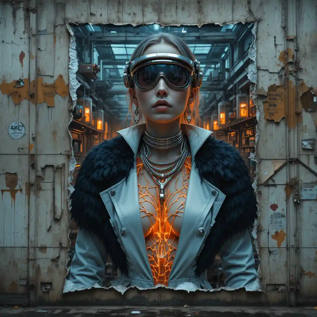 Cyberpunk femme fatale poster on decaying industrial wall