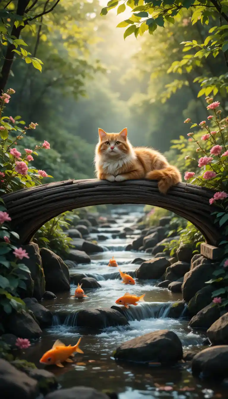 Ginger cat resting on a wooden bridge in a garden