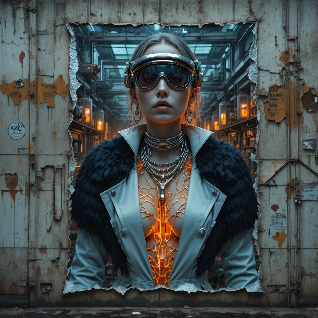 Póster de femme fatale cyberpunk en pared industrial en decadencia