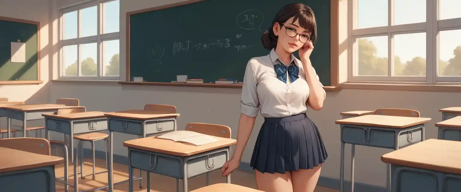 Young schoolgirl sitting on a desk in a calm classroom