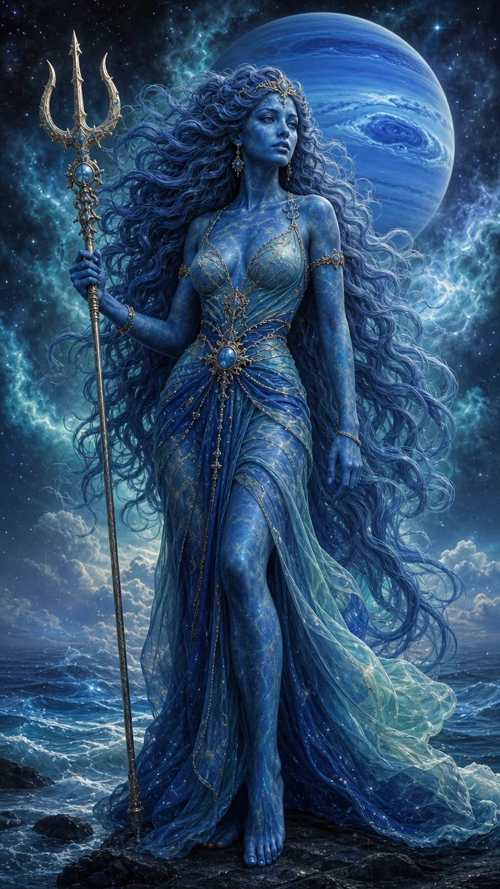 Ethereal full body woman personifying the planet Neptune