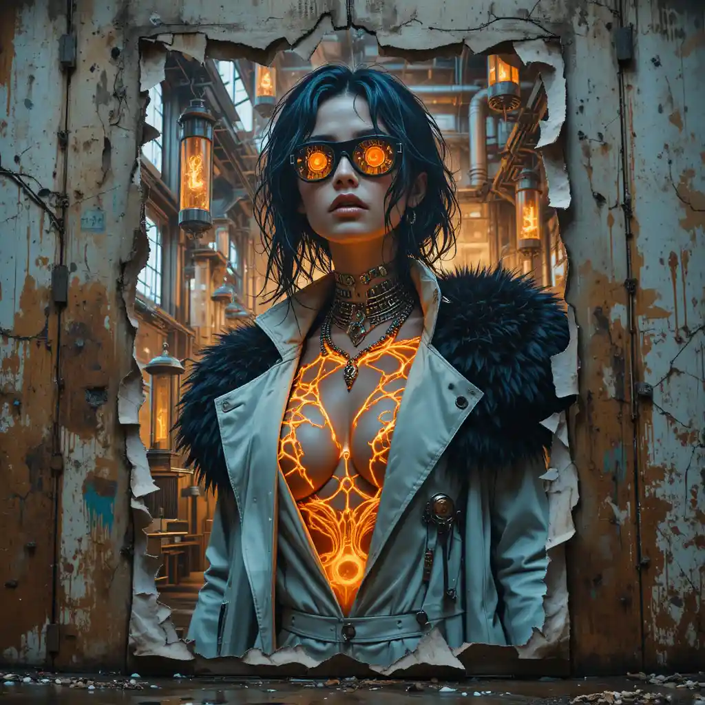 Cyberpunk femme fatale poster on a decayed concrete wall