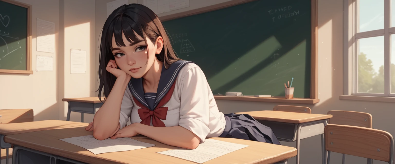 Schoolgirl Sitting On Teacher Desk In Front Of Blackboard