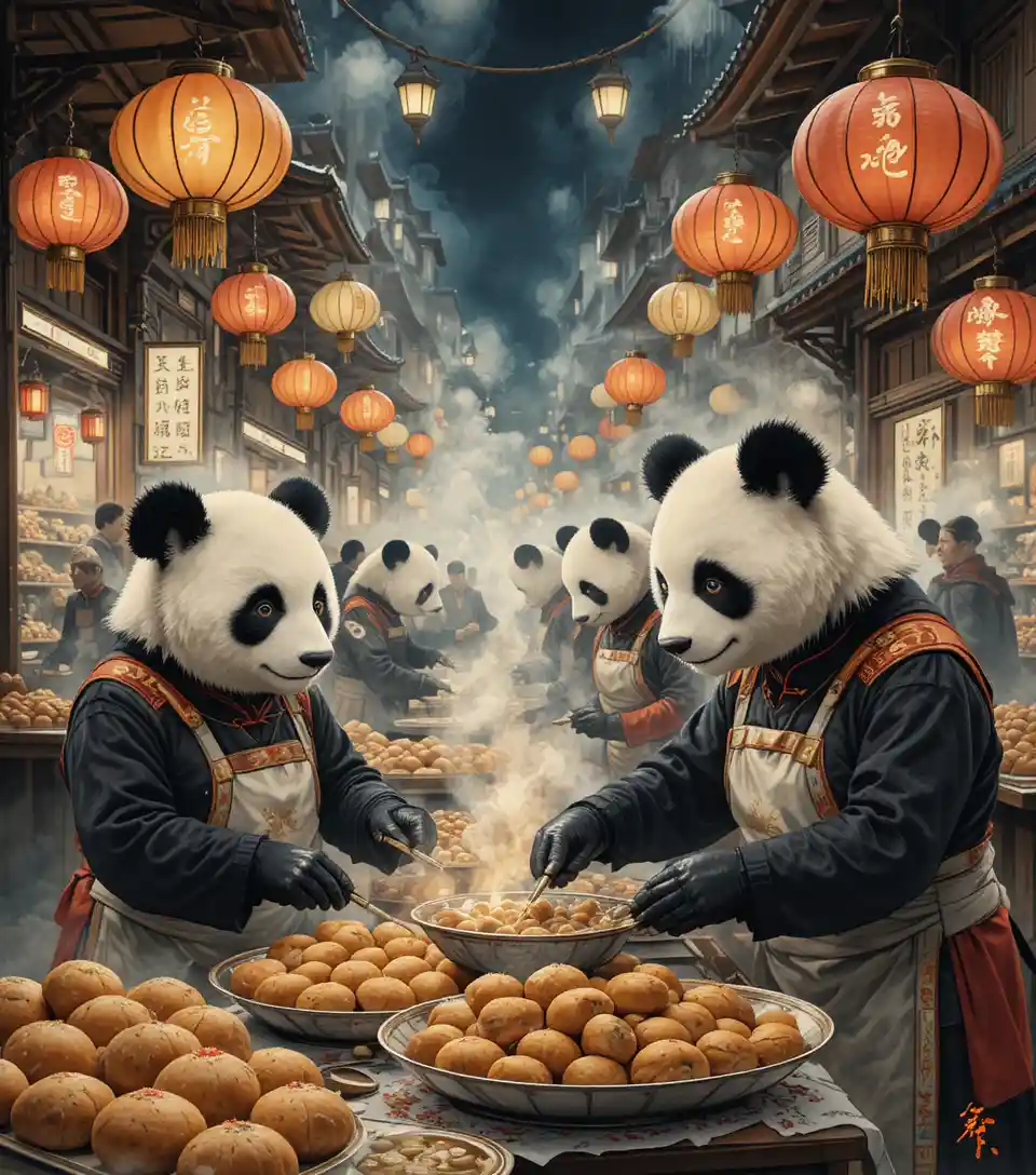 Pandas Baking Pastries In A Lantern Lit Asian Night Market