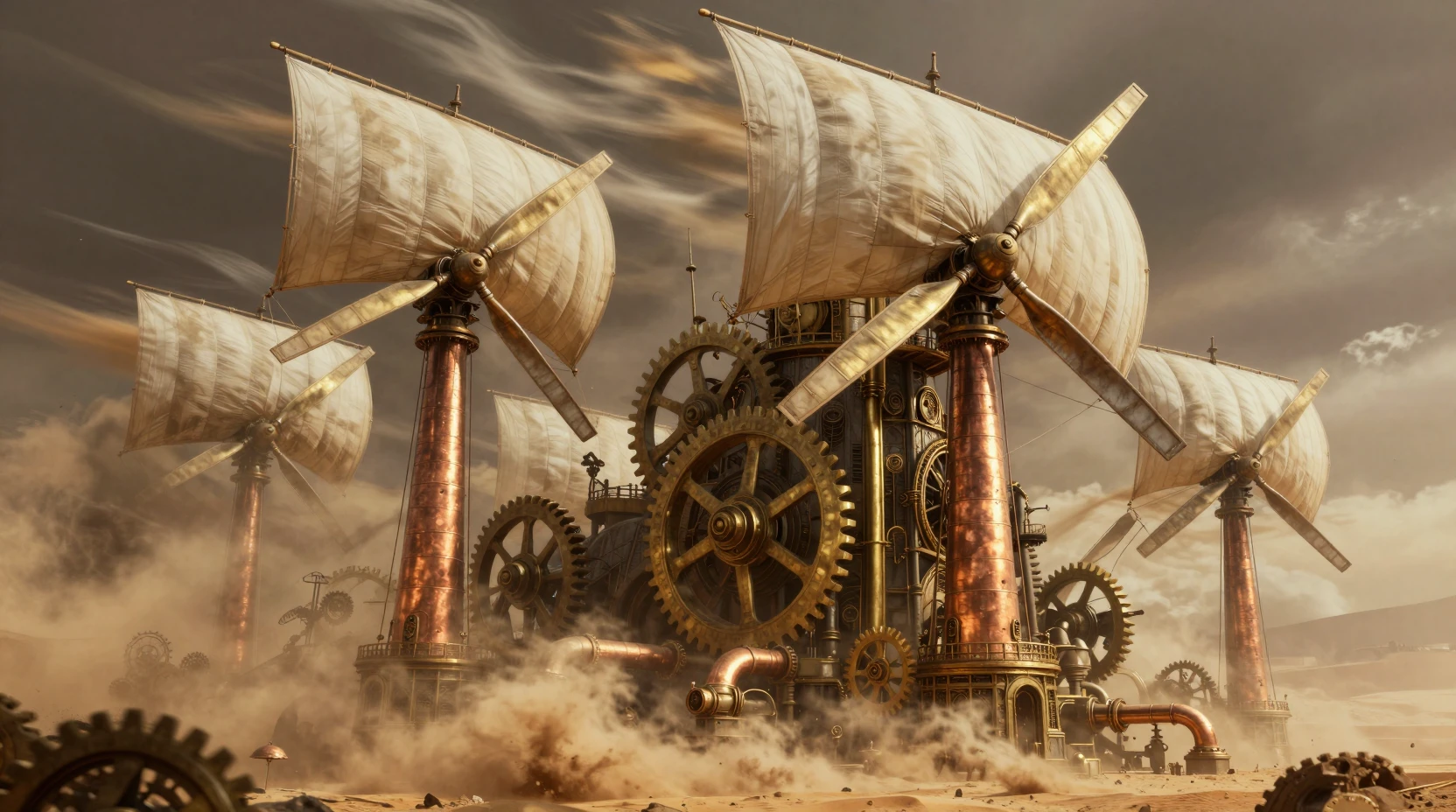 Colossal steampunk wind powered fantasy city in a desert storm