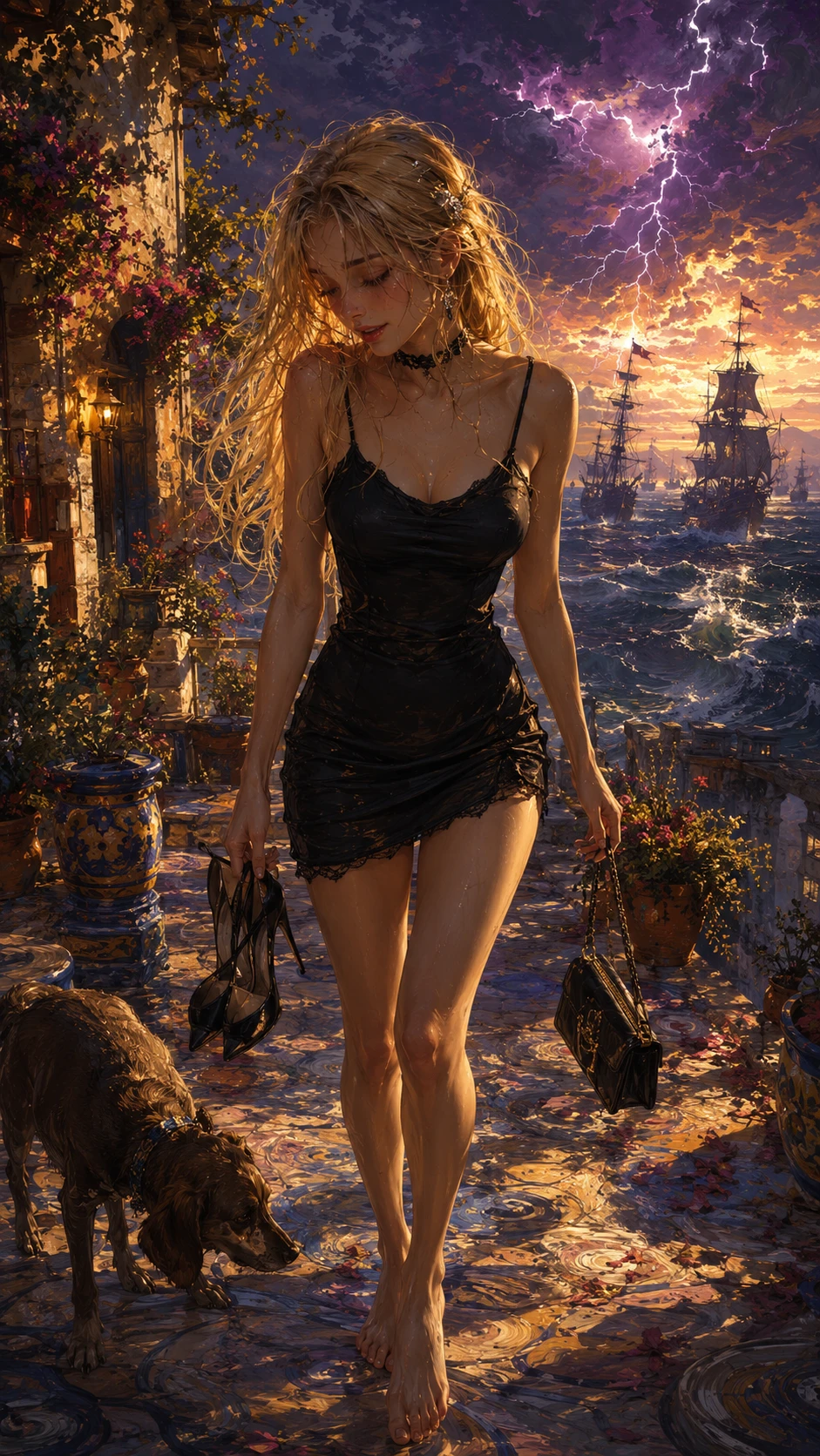 Barefoot blonde girl in a sunlit mediterranean courtyard