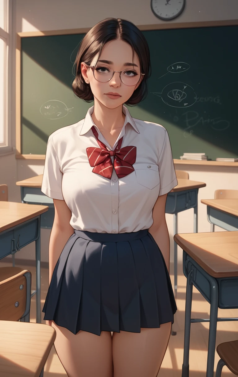 Young schoolgirl sitting on a teacher desk in classroom