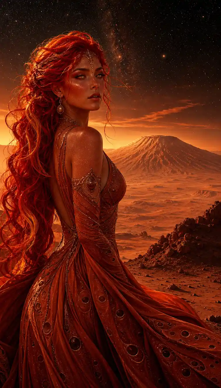 Fiery haired woman embodying the spirit of planet Mars
