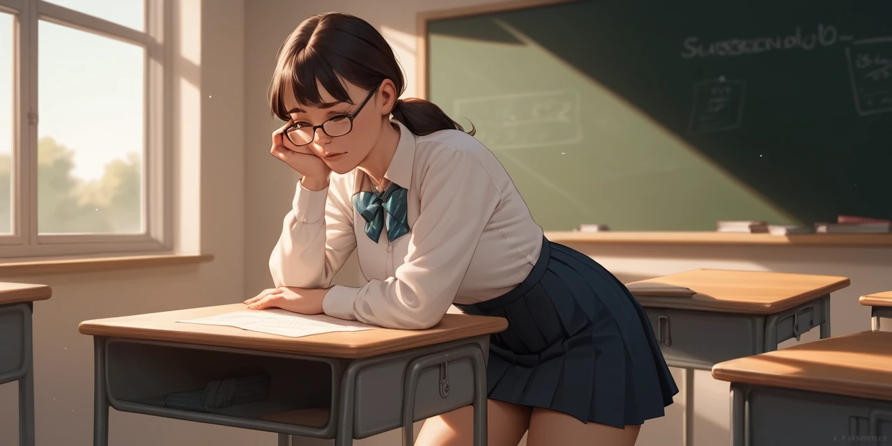 Young schoolgirl sitting calmly on a classroom desk