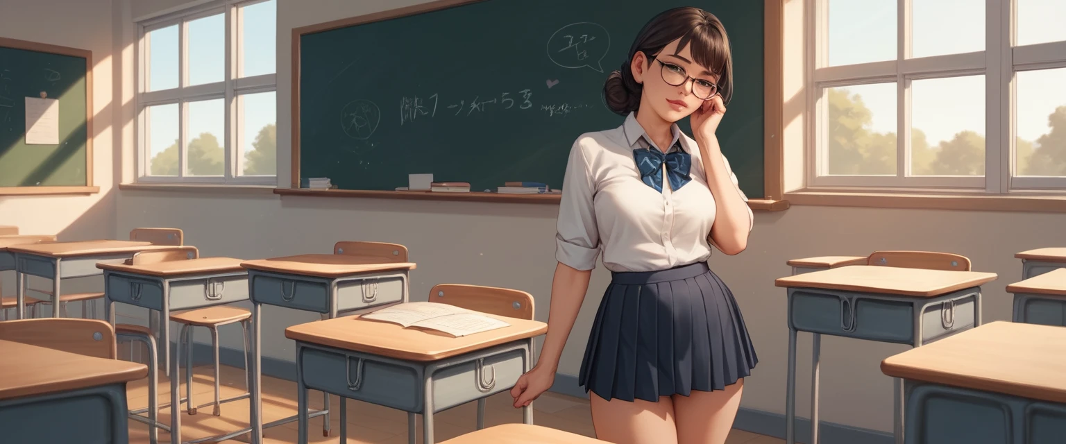 Young schoolgirl sitting on a desk in a calm classroom
