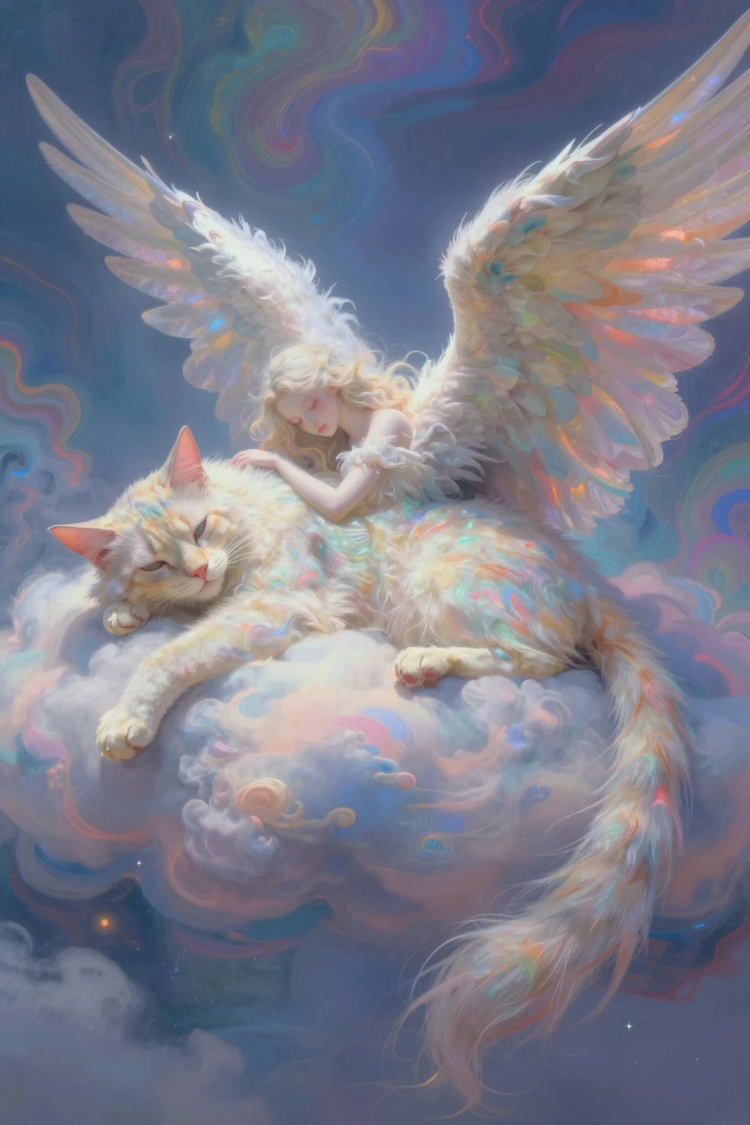 Ángel descansando sobre el vasto cuerpo onírico de un gato