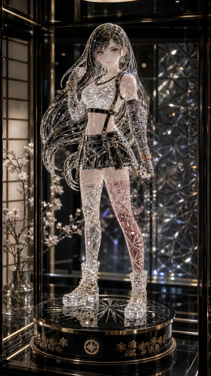 Edo Kiriko glass woman figure in a black showcase