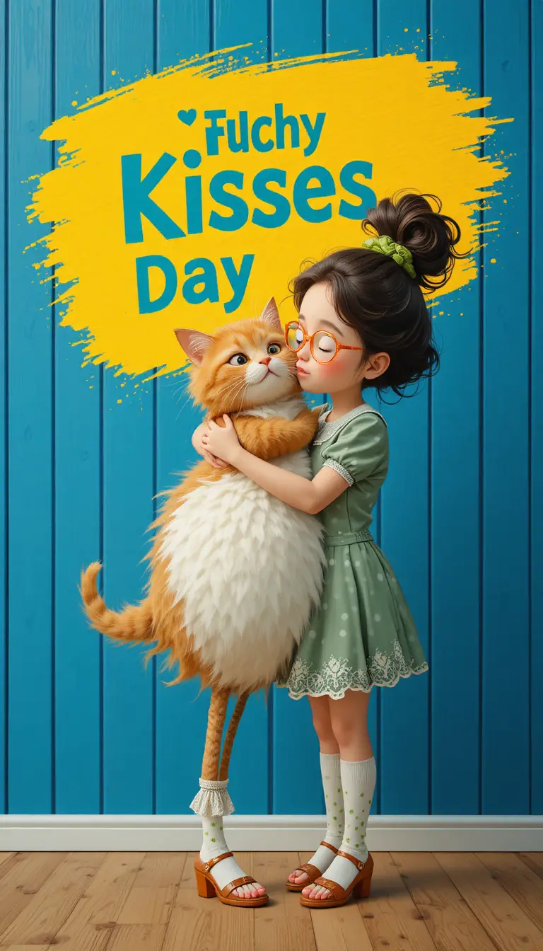 Little Girl Kissing A Huge Fluffy Cat On Wooden Floor