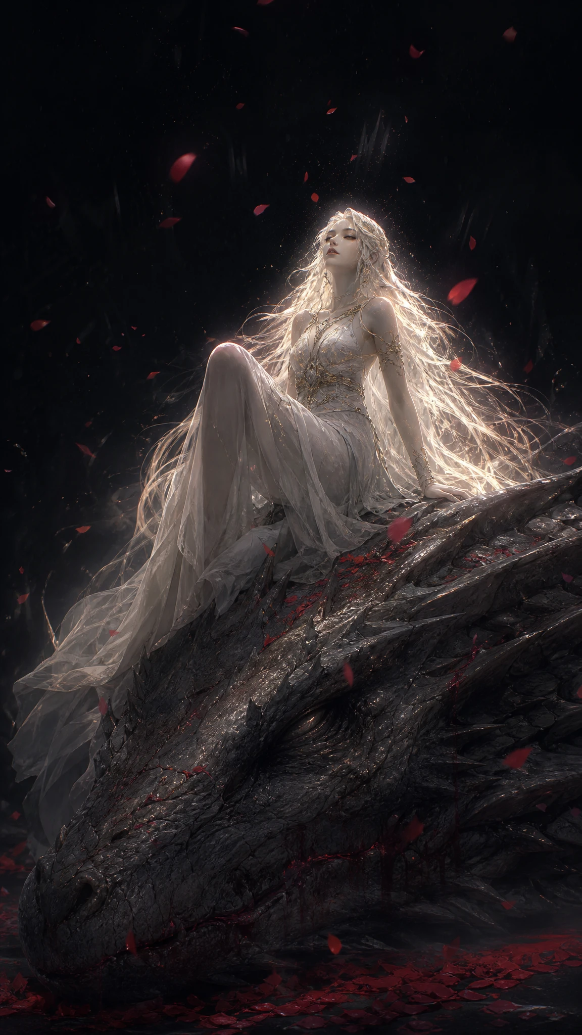 Girl sitting on the head of a fallen dragon