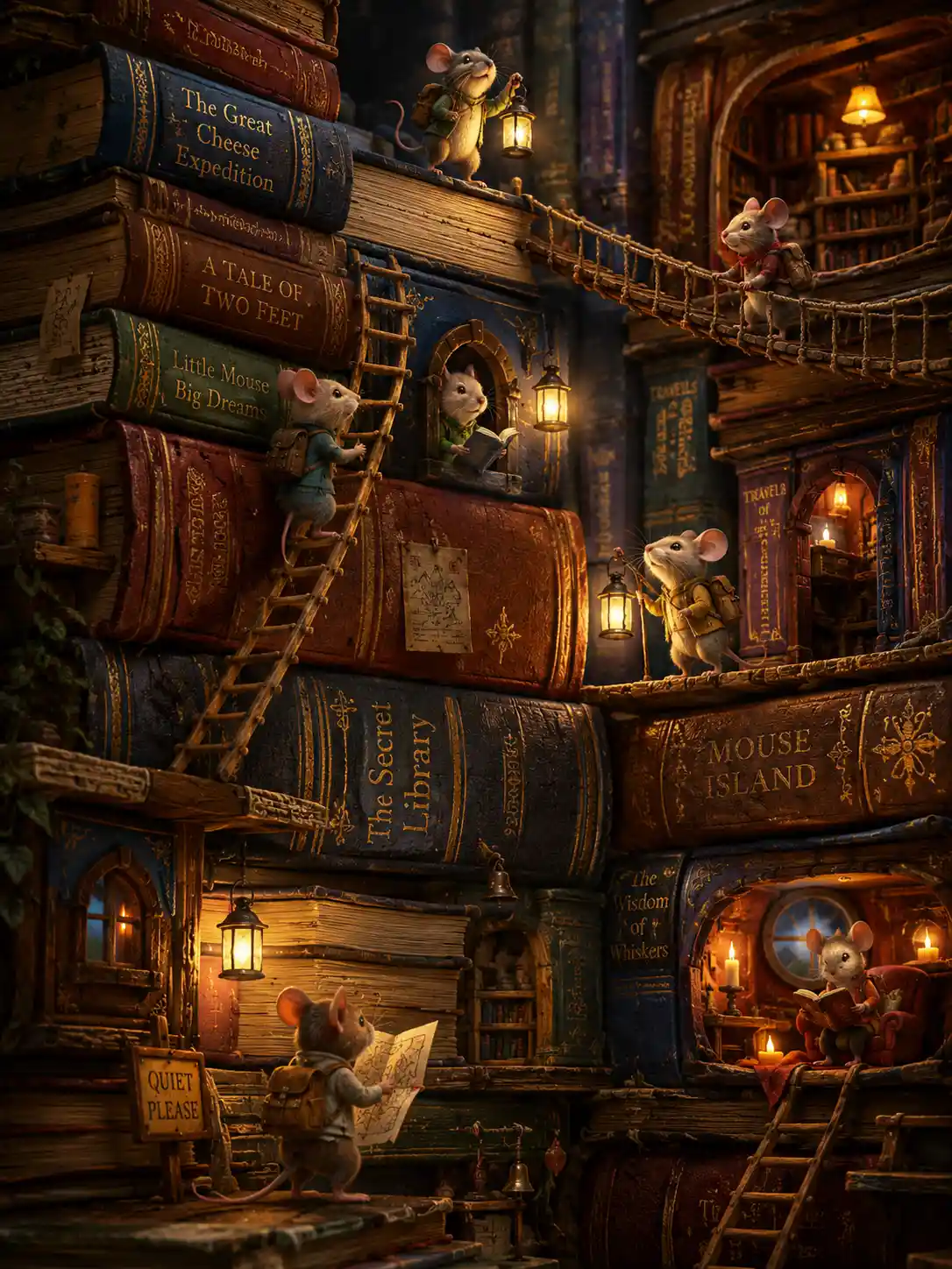 Tiny mice exploring towering book stacks in a library