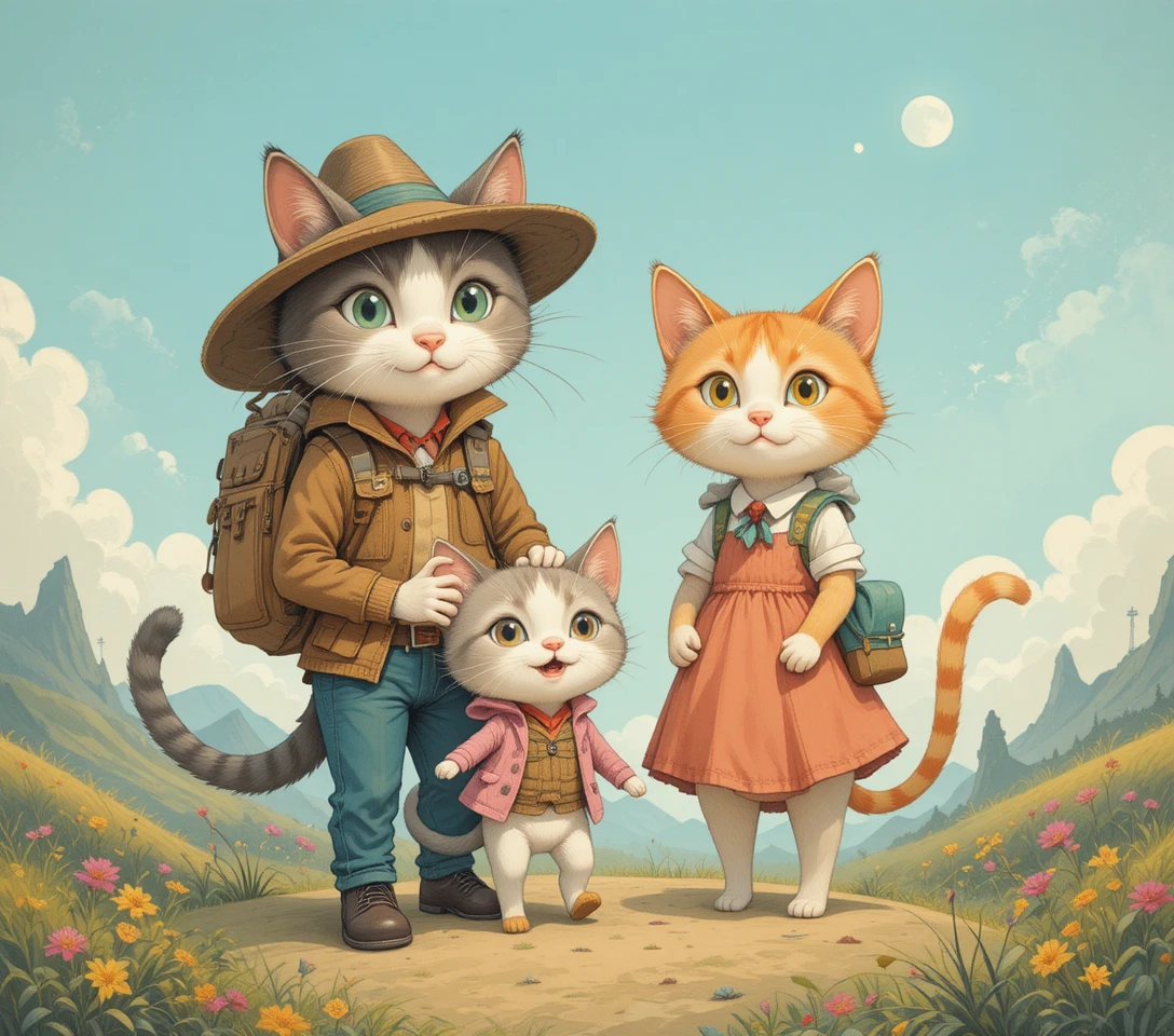 Playful Cat Family Setting Off On A Shared Journey