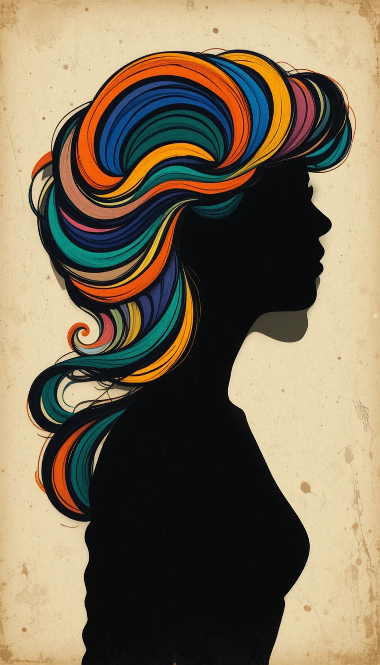 Psychedelic woman silhouette with flowing rainbow hair