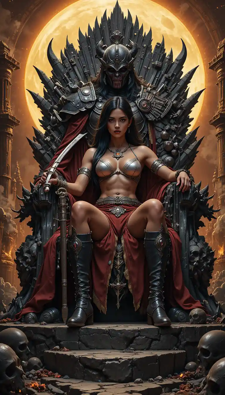 Red warrior queen on a stone throne in moonlit temple