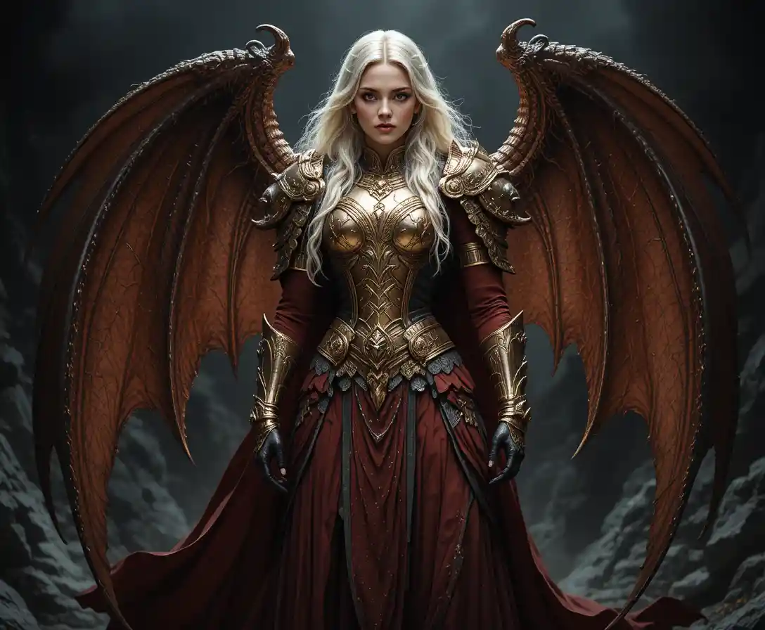 Silver haired fantasy warrior woman with dragon wings