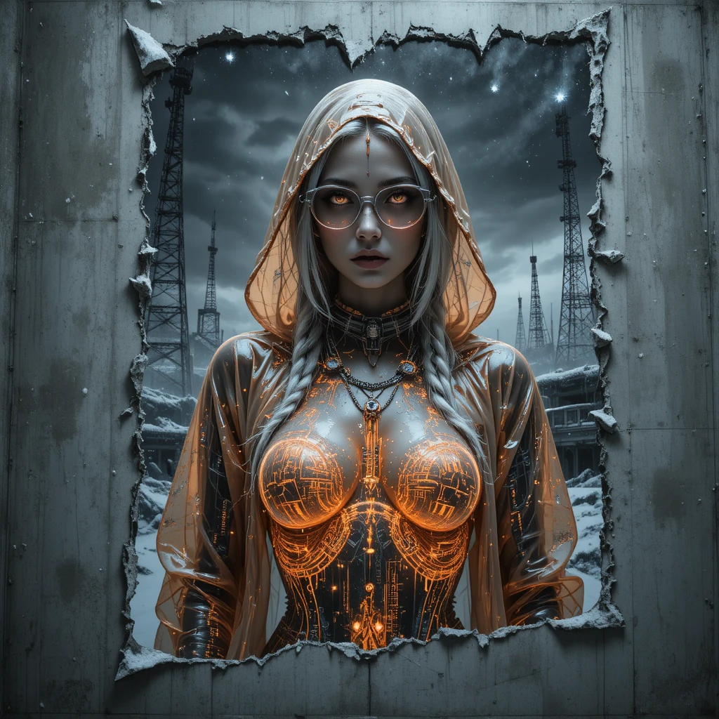 Cybernetic woman on torn poster in frozen bunker