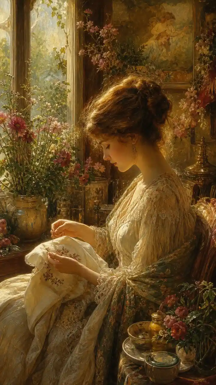 Woman embroidering by a bright window in a cozy workroom