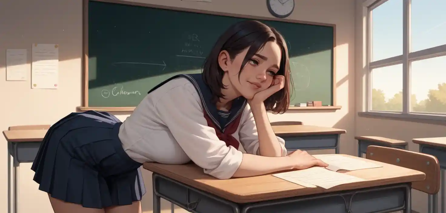 Schoolgirl Sitting On Teacher Desk In Classroom Front View