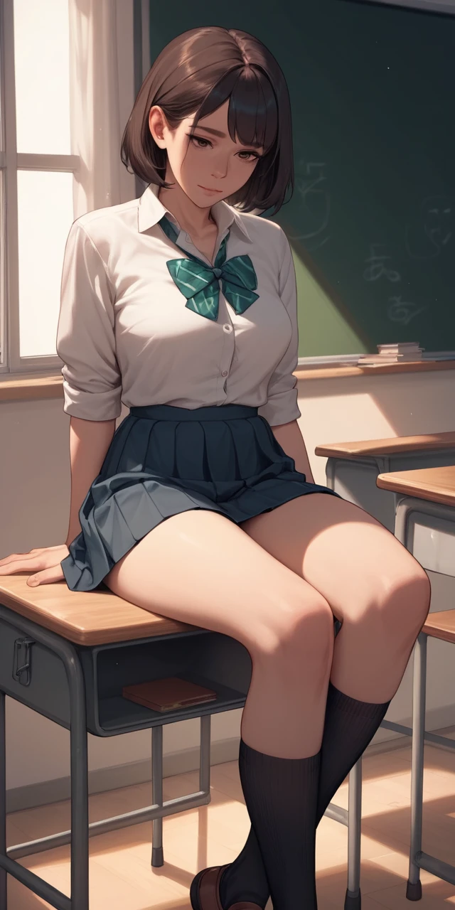Young schoolgirl sitting calmly on a classroom desk