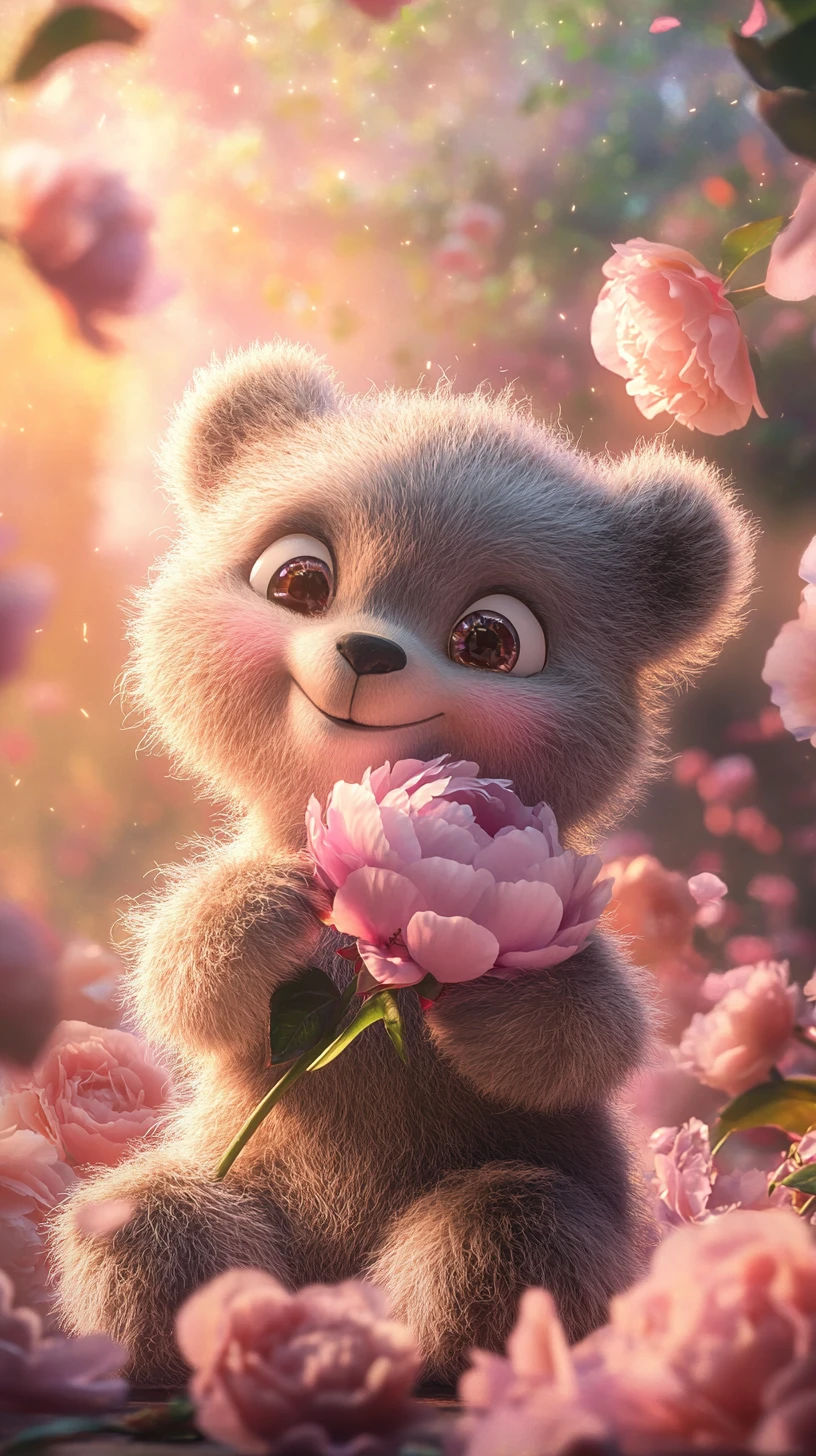 Cute baby bear with giant pink peony in garden