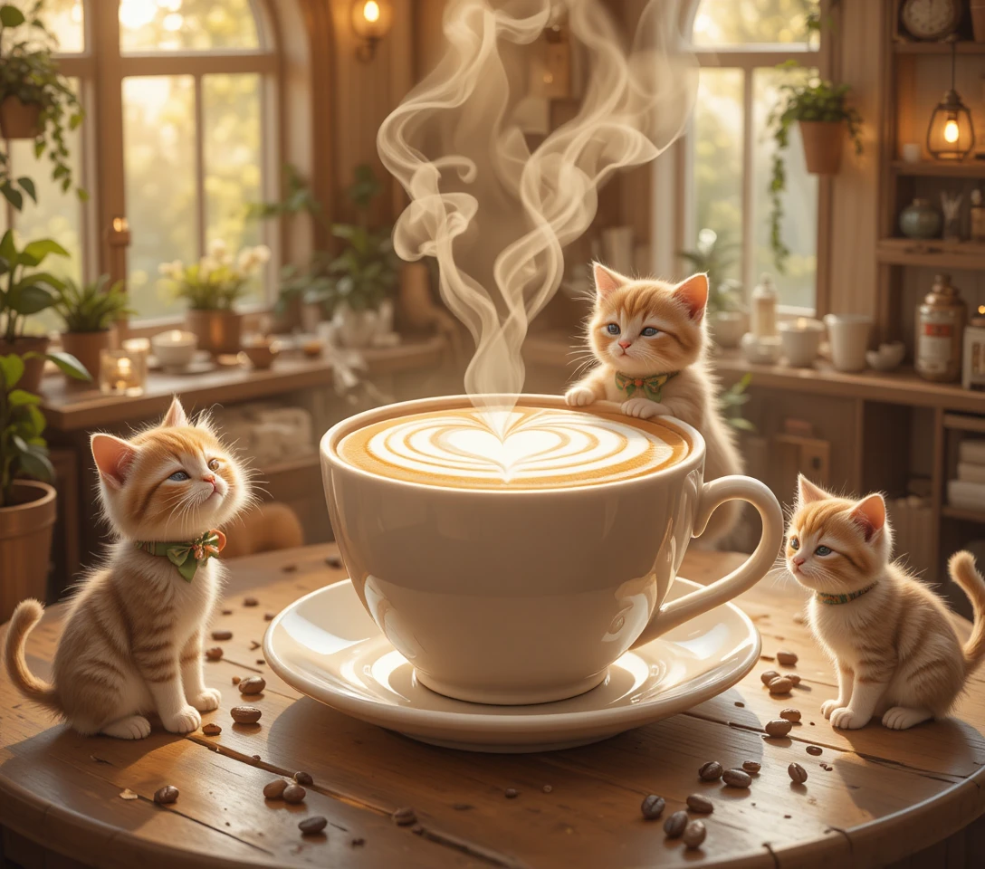 Adorable kittens in a magical latte cafe scene