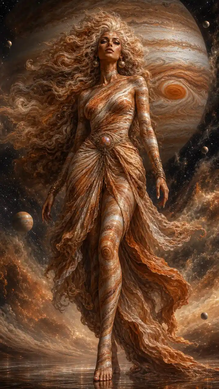 Statuesque woman embodying the swirling colors of Jupiter