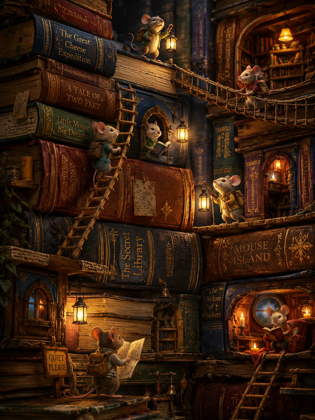 Tiny mice exploring towering book stacks in a library