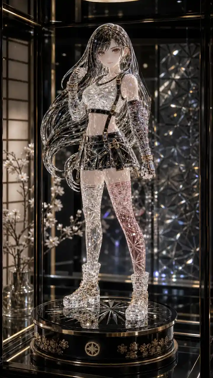 Edo-Kiriko-Glasfigur einer Frau in schwarzer Vitrine