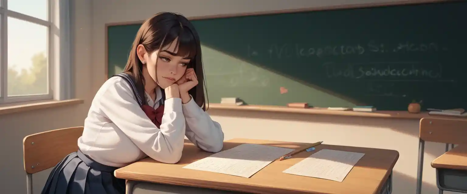 Schoolgirl Sitting On Teacher Desk In Front Of Blackboard