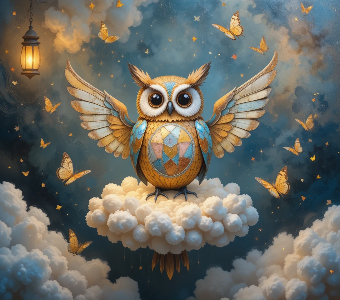 Whimsical Acrylic Portrait Of A Patchwork Owl In Clouds