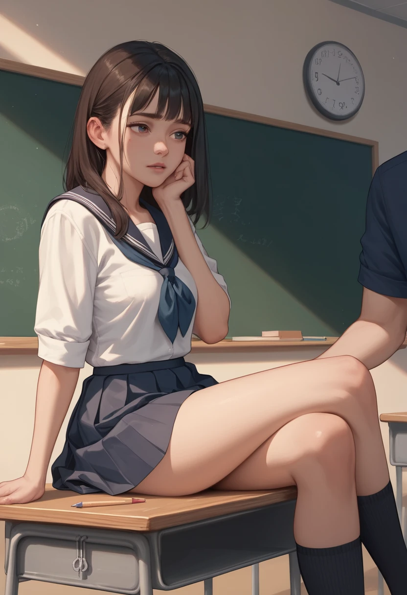 Schoolgirl sitting on teacher desk in front of blackboard