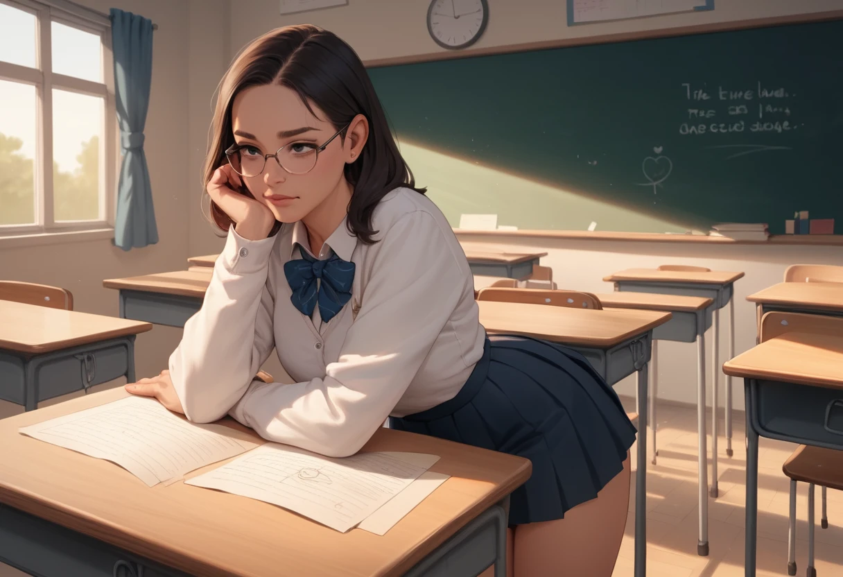 Schoolgirl sitting on teachers desk facing the classroom