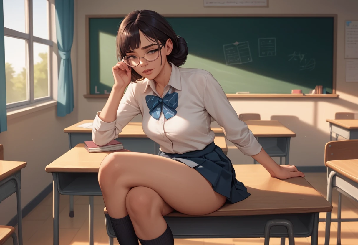Schoolgirl Sitting On Teacher Desk In Classroom Front View