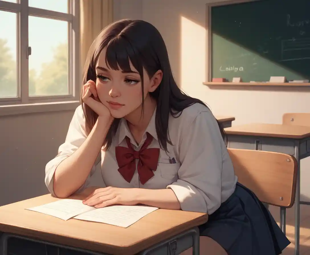 Young schoolgirl sitting calmly on a classroom desk