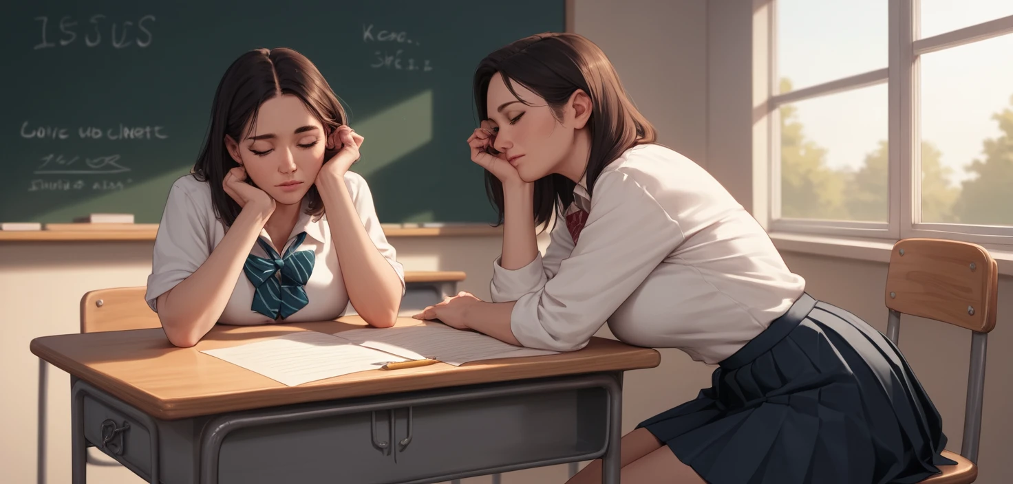 Young schoolgirl sitting calmly on a classroom desk