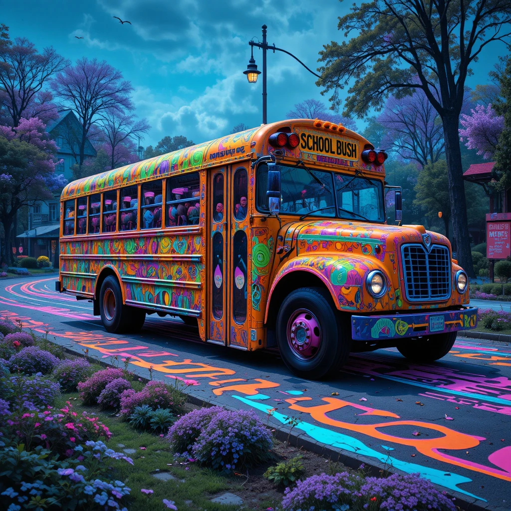 Psychedelic glowing school bus in fluorescent pastel colors