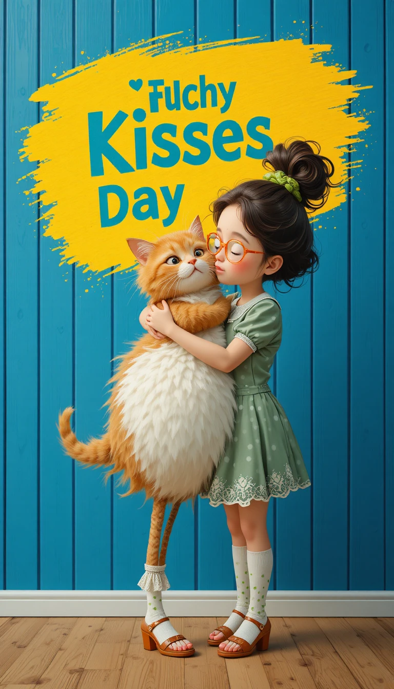 Little Girl Kissing A Huge Fluffy Cat On Wooden Floor