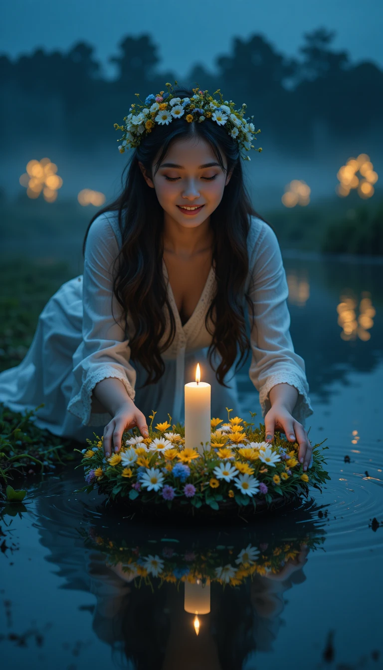 Young woman by candlelit water in a dreamy night scene