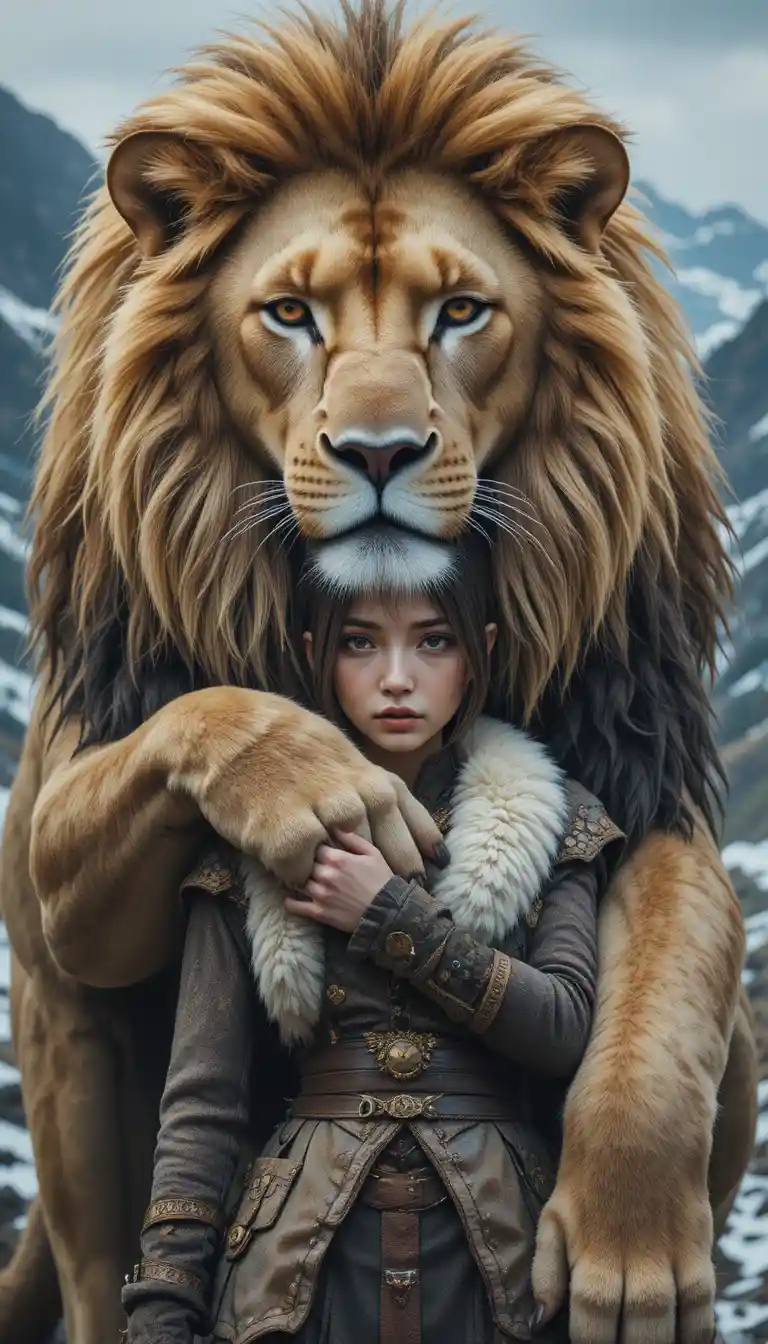 Majestic lion guarding a calm human in snowy mountains