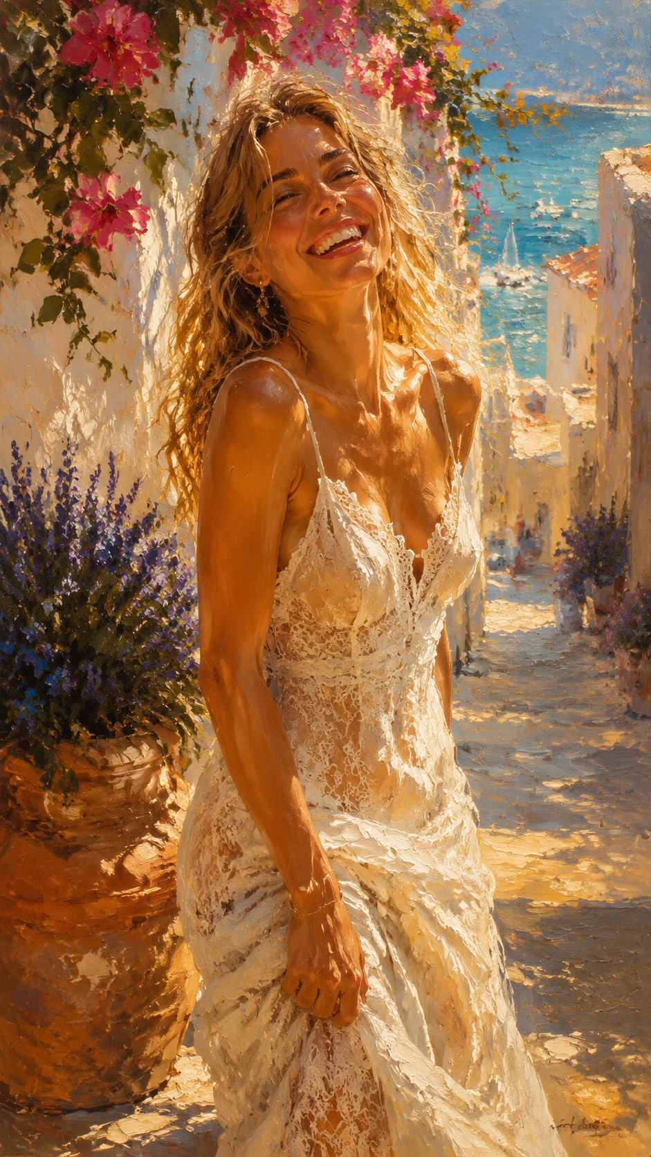 Laughing woman in a sunlit Mediterranean coastal alley