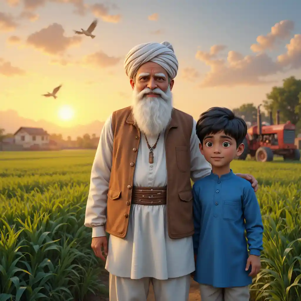 Elderly farmer and grandson in a Punjabi village sunrise