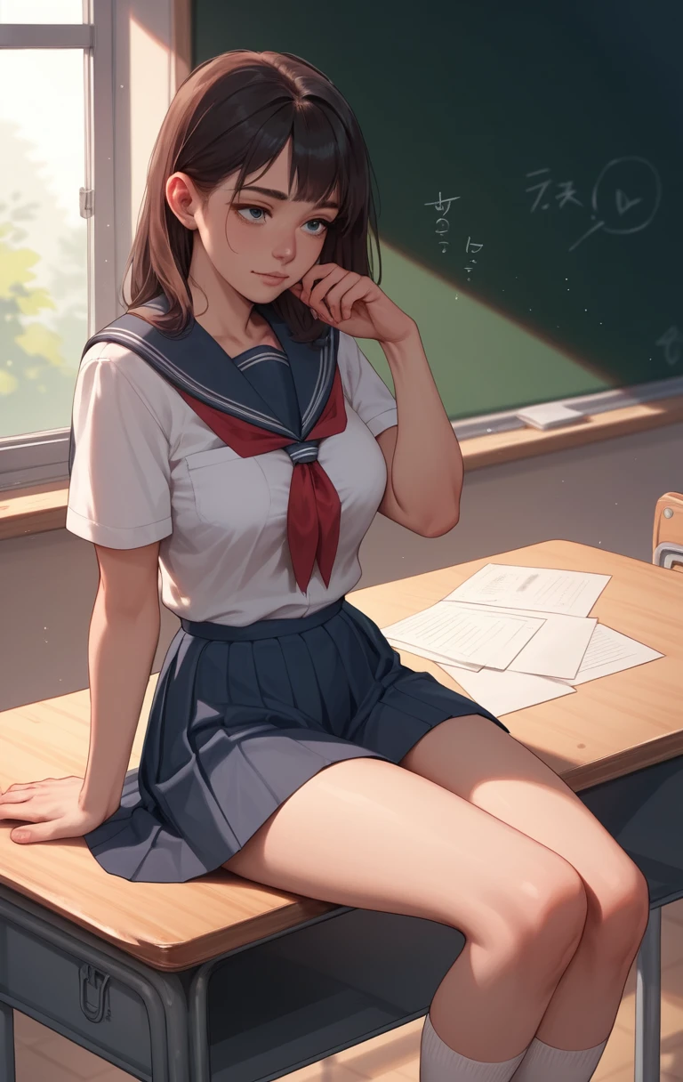 Young schoolgirl sitting calmly on a classroom desk
