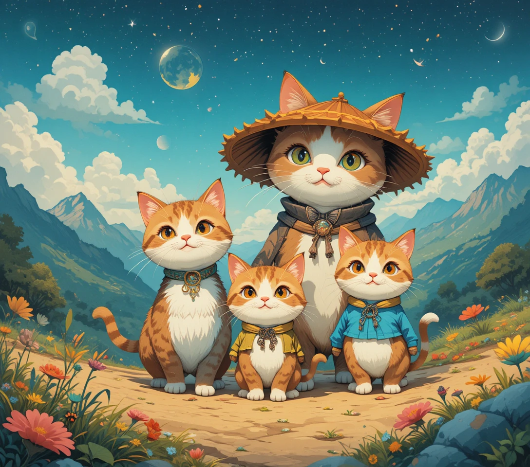 Whimsical cat family starting a playful fantasy journey