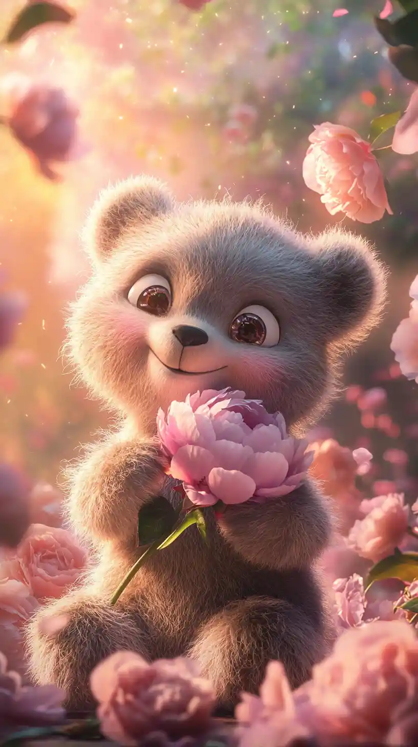 Cute baby bear with giant pink peony in garden