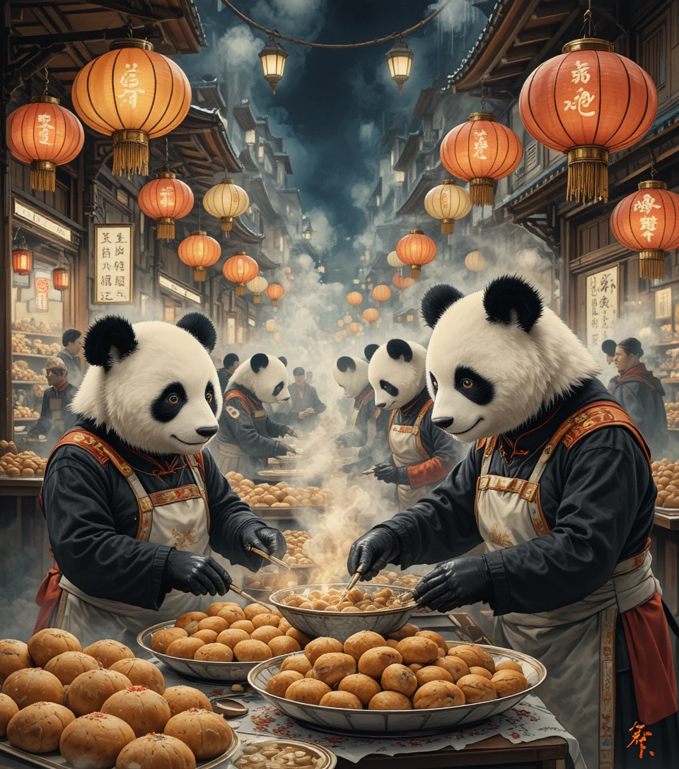 Pandas Baking Pastries In A Lantern Lit Asian Night Market